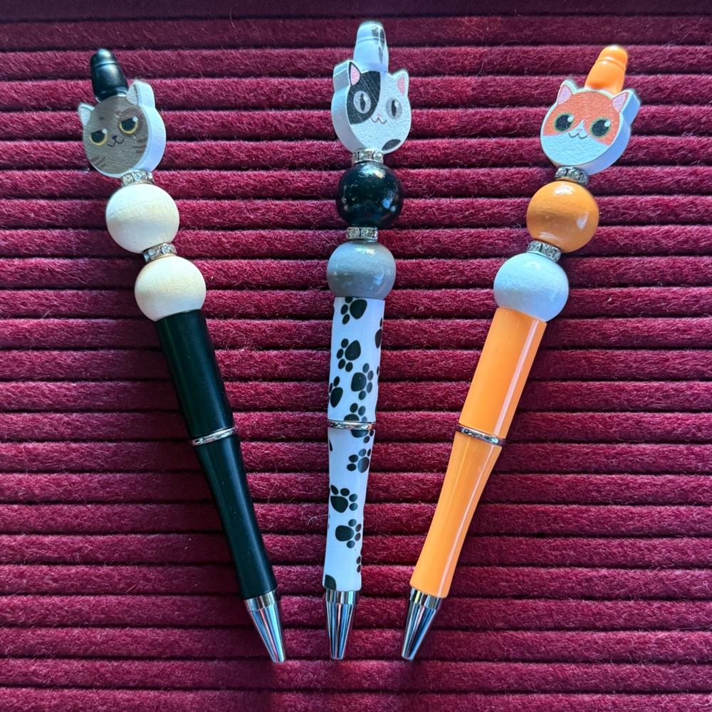 Handcrafted set of 3 cat beaded pens